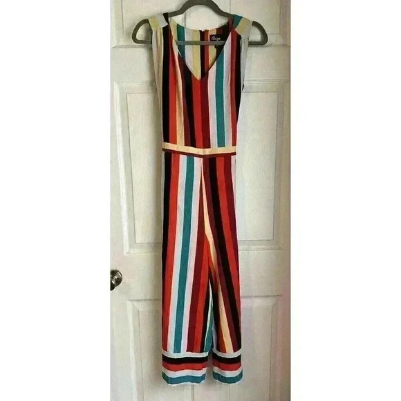 Beige By ECI STRIPED WIDE LEG COLROFUL BELTED JUMPSUIT - SZ S- Y2K - MSRP $99 - Picture 1 of 7